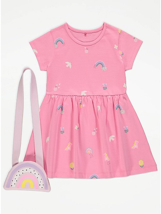 Pink Rainbow Jersey Dress and Bag Outfit | Kids | George at ASDA