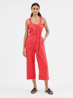 Red Button Up Linen Blend Jumpsuit Women at ASDA