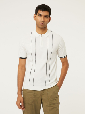 White Striped Knitted Zip Up Polo Top Men at ASDA