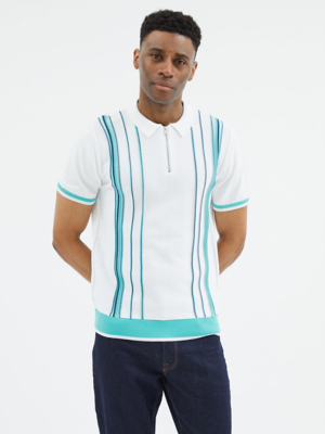 White Textured Stripe Knitted Polo Shirt Men at ASDA