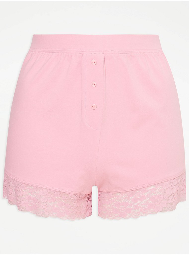Pink Lace Trim Pyjama Shorts, Women