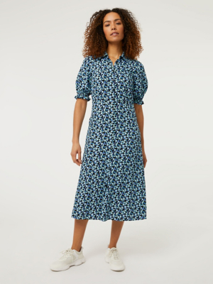 Blue Floral Print Midi Shirt Dress Women at ASDA