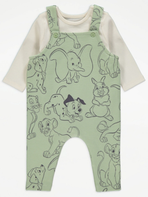 Disney Green Character Print Dungarees and Ribbed Bodysuit Outfit