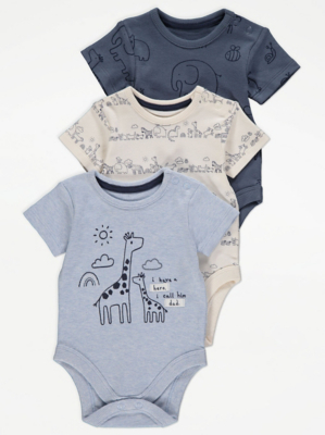 Blue Giraffe Bodysuits 3 Pack Baby at ASDA