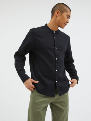Black Linen Blend Grandad Collar Shirt Men at ASDA