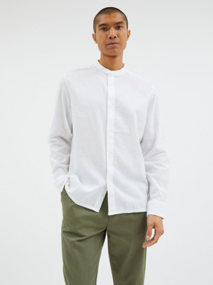 White Linen Blend Grandad Collar Shirt Men at ASDA