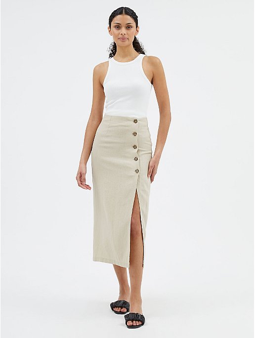 Neutral Linen Blend Button Split Midi Skirt | Women | George at ASDA