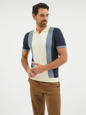 Blue Striped Colour Block Knitted Polo Top Men at ASDA