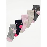 Grey Floral Cotton Rich Ankle Socks 5 Pack | Kids | George at ASDA