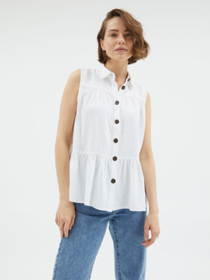 White Button Front Tiered Linen Blend Blouse Women at ASDA