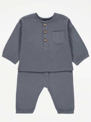 Blue Cheesecloth Long Sleeve Top and Trousers Outfit Baby at