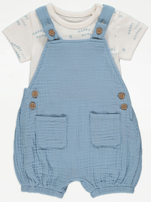 Blue Crinkle Dungarees and Bodysuit Outfit Baby at ASDA