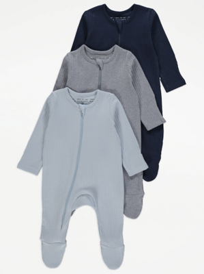 Ribbed Long Sleeve Zip Sleepsuits 3 Pack Baby at ASDA