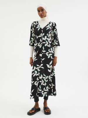 Black Floral Button Through Midi Tea Dress Women at ASDA