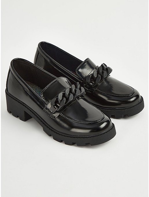 Wide Fit Black Chain Heeled Loafer School Shoes | School | George at ASDA