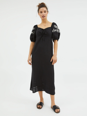 Black Floral Embroidered Linen Blend Midi Dress Women at ASDA