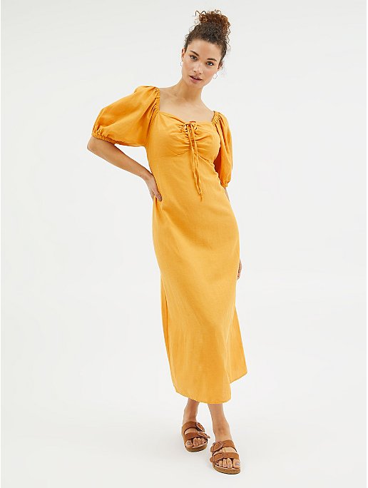 Apricot Ruched Linen Blend Midi Dress | Women | George at ASDA