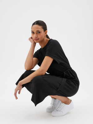 Black Belted Short Sleeve Jersey Midi Dress Women at ASDA