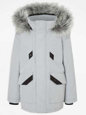 Grey Faux Fur Trim Parka Coat Kids at ASDA