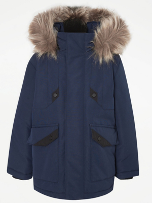 Navy Faux Fur Trim Parka Coat Kids at ASDA