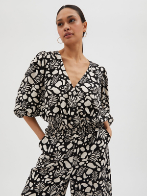 Black Floral Linen Blend Wrap Front Blouse Women at ASDA