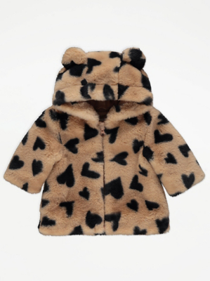 Brown Heart Print Faux Fur Coat Baby at ASDA