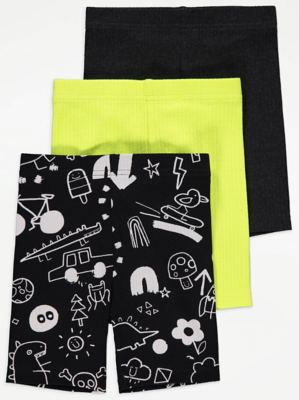 Dinosaur Doodle Ribbed Cycling Shorts 3 Pack Kids at ASDA