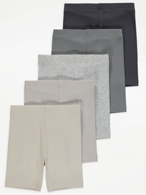 Grey Ribbed Cycling Shorts 5 Pack Kids at ASDA