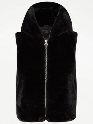Black Faux Fur Hooded Gilet Kids at ASDA