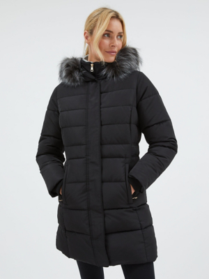 Black Faux Fur Hooded Longline Padded Coat Women at ASDA