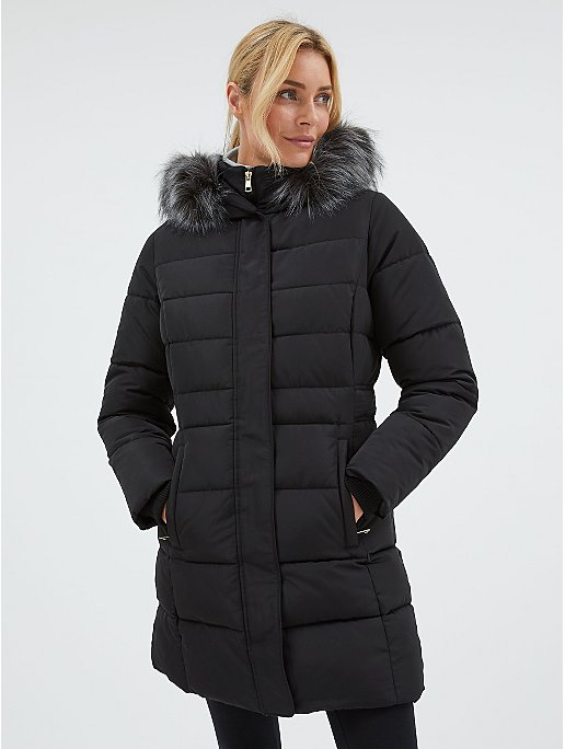 Black Faux Fur Hooded Longline Padded Coat | Women | George at ASDA