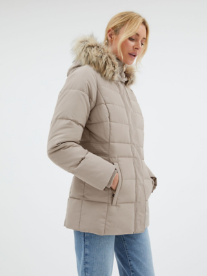 Neutral Faux Fur Hooded Short Padded Coat Women at ASDA