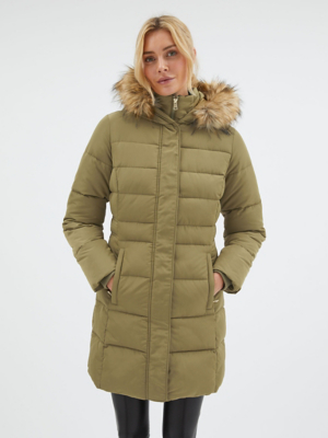 Green Faux Fur Hooded Longline Padded Coat Women at ASDA