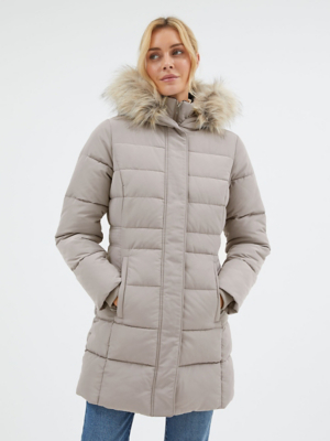 Grey Faux Fur Hooded Longline Padded Coat Women at ASDA