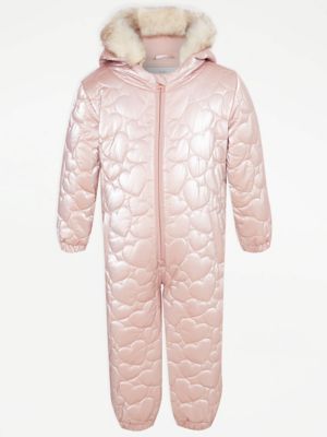 Pink Shiny Heart Quilted Snowsuit Kids at ASDA