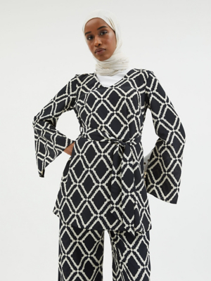 Black Geometric Wide Sleeve Belted Blouse Women at ASDA