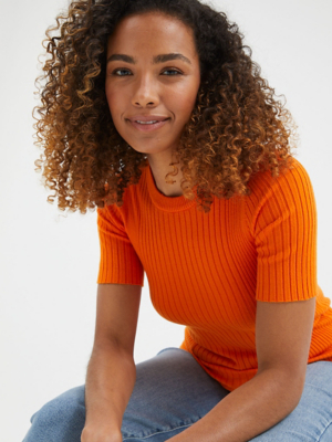 Orange Ribbed Short Sleeve Jumper Women at ASDA