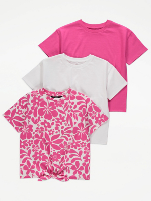 Pink Floral Tie Hem TShirts 3 Pack Kids at ASDA