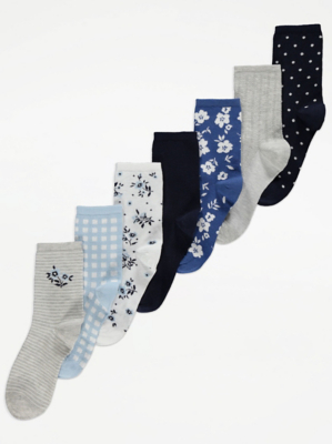 Blue Gingham Cotton Rich Ankle Socks 7 Pack Sale & Offers at