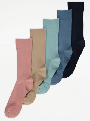 Blue Ribbed Cotton Rich Ankle Socks 5 Pack Men at ASDA