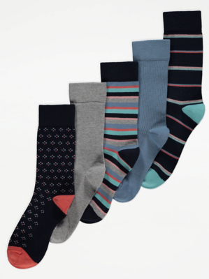 Blue Stripe Cotton Rich Ankle Socks 5 Pack Men at ASDA