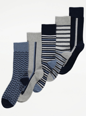 Blue Stripe Cotton Rich Ankle Socks 5 Pack Men at ASDA