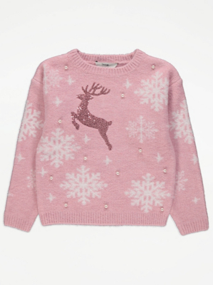 Pink Reindeer Knitted Christmas Jumper | Kids | George At ASDA