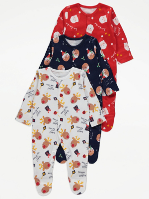Christmas Print Sleepsuits 3 Pack Baby at ASDA