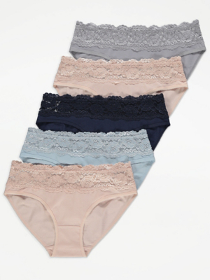 Lace Trim Mini Knickers 5 Pack Lingerie at ASDA