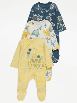 Dinosaur Print Long Sleeve Sleepsuits 3 Pack Baby at ASDA