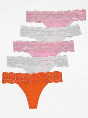 Lace Top Thongs 5 Pack Lingerie at ASDA