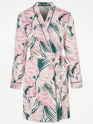 Pink Tropical Palm Leaf Satin Dressing Gown Women at ASDA