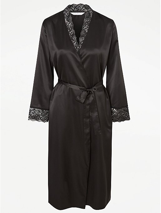 Entice Black Lace Trim Satin Dressing Gown | Lingerie | George at ASDA