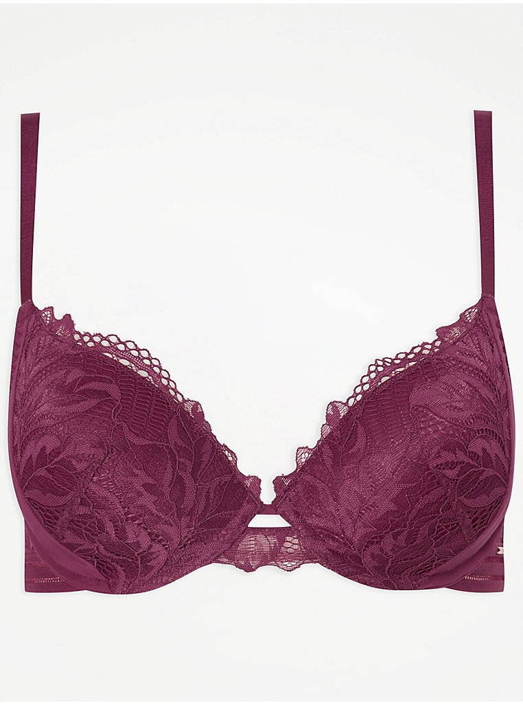 Entice Berry Satin Floral Lace T-Shirt Bra and Brazilian Knickers Set